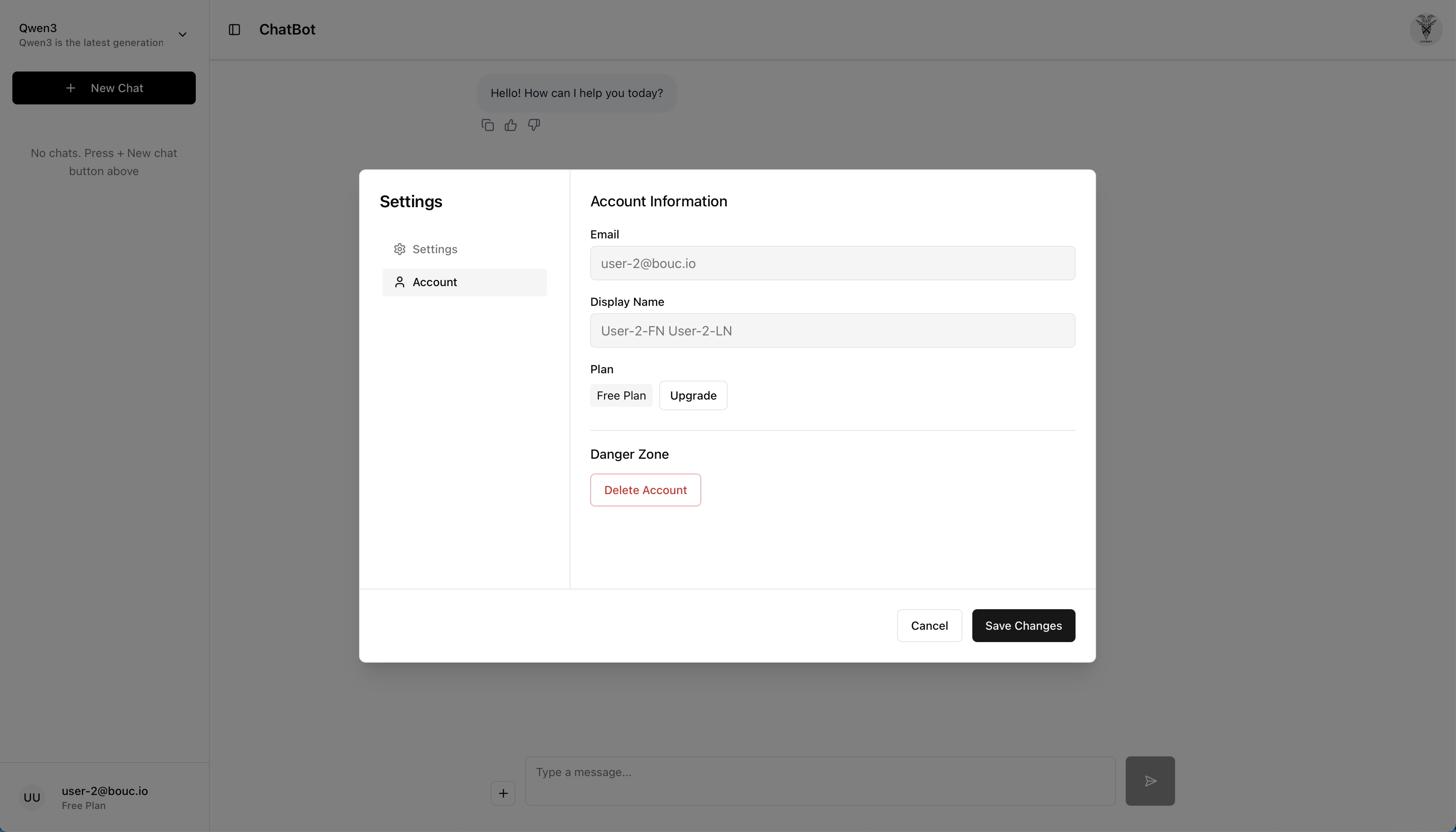 Chatbot UI - The account page, with user information