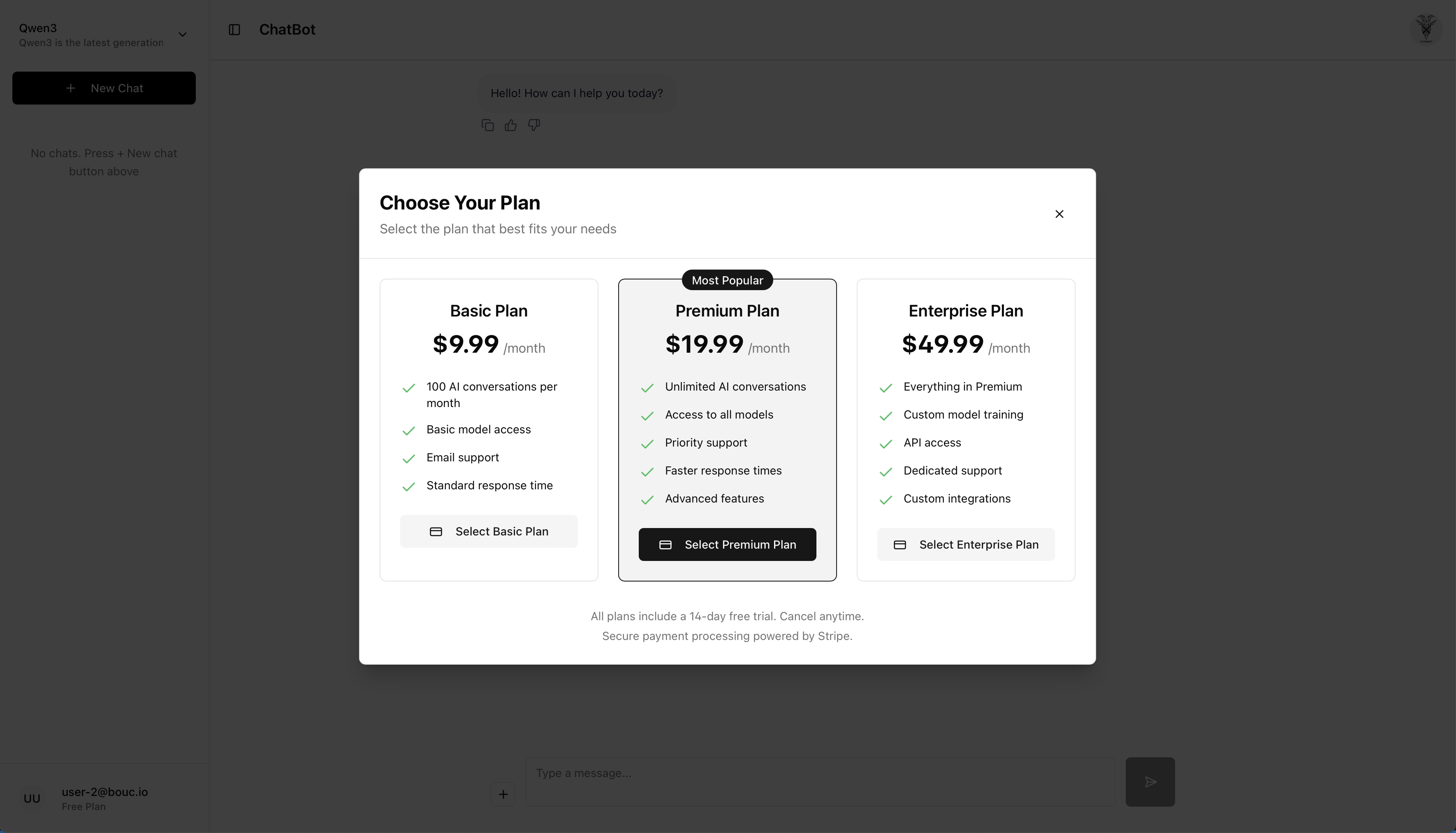 Chatbot UI - The plan page, with subscription information
