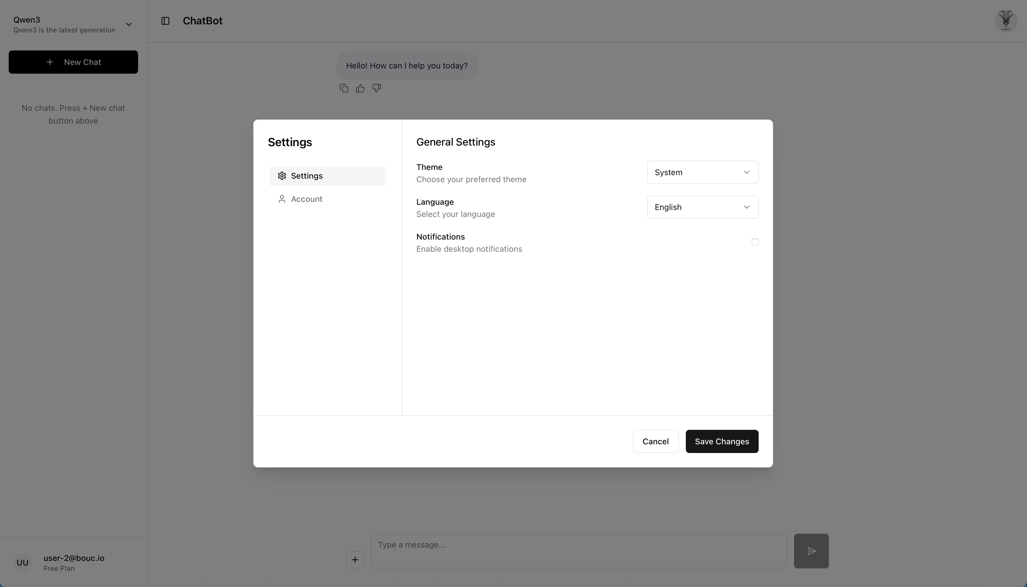 Chatbot UI - The settings page, with theme selection and language setting
