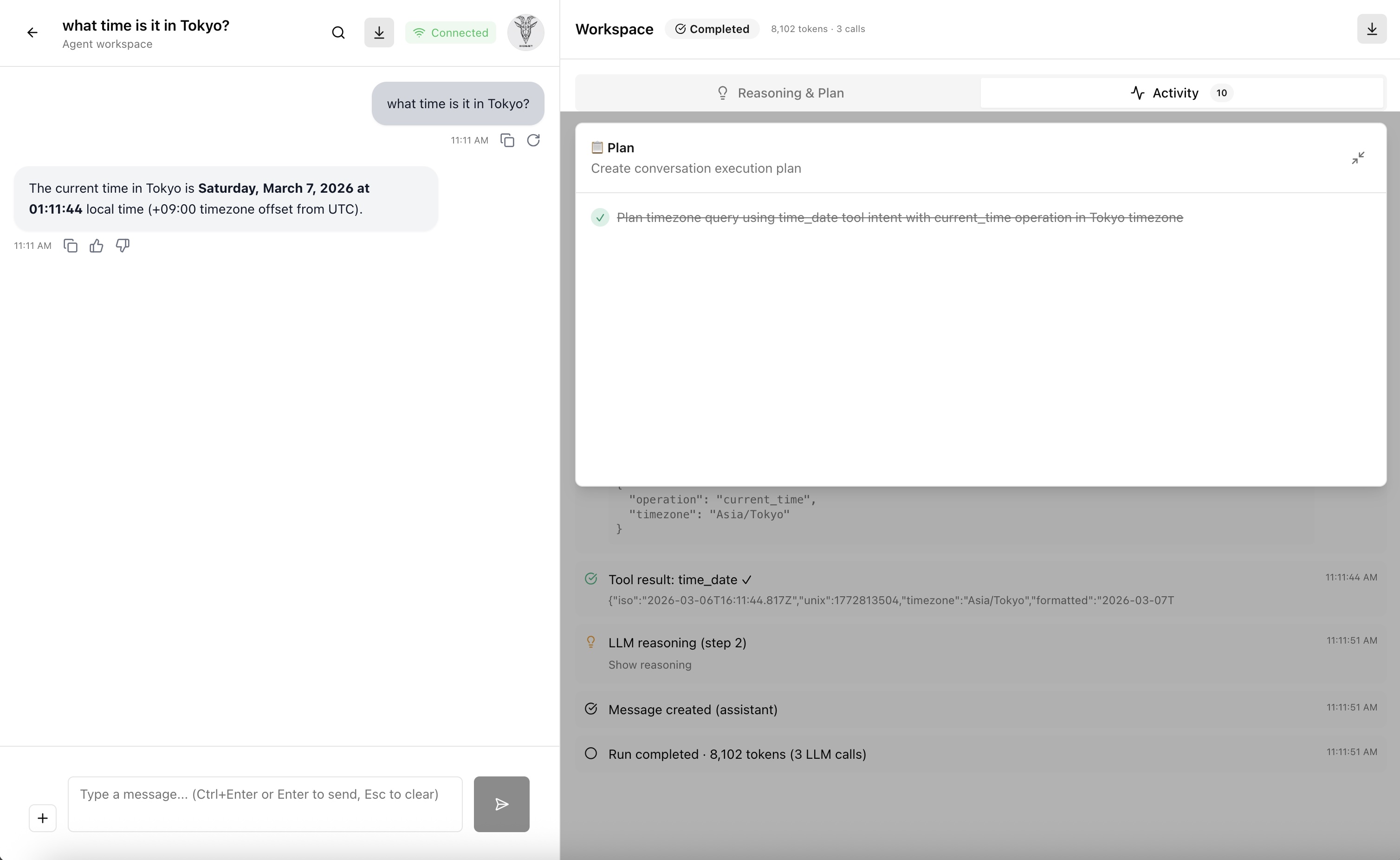 Agent execution with time/date tool