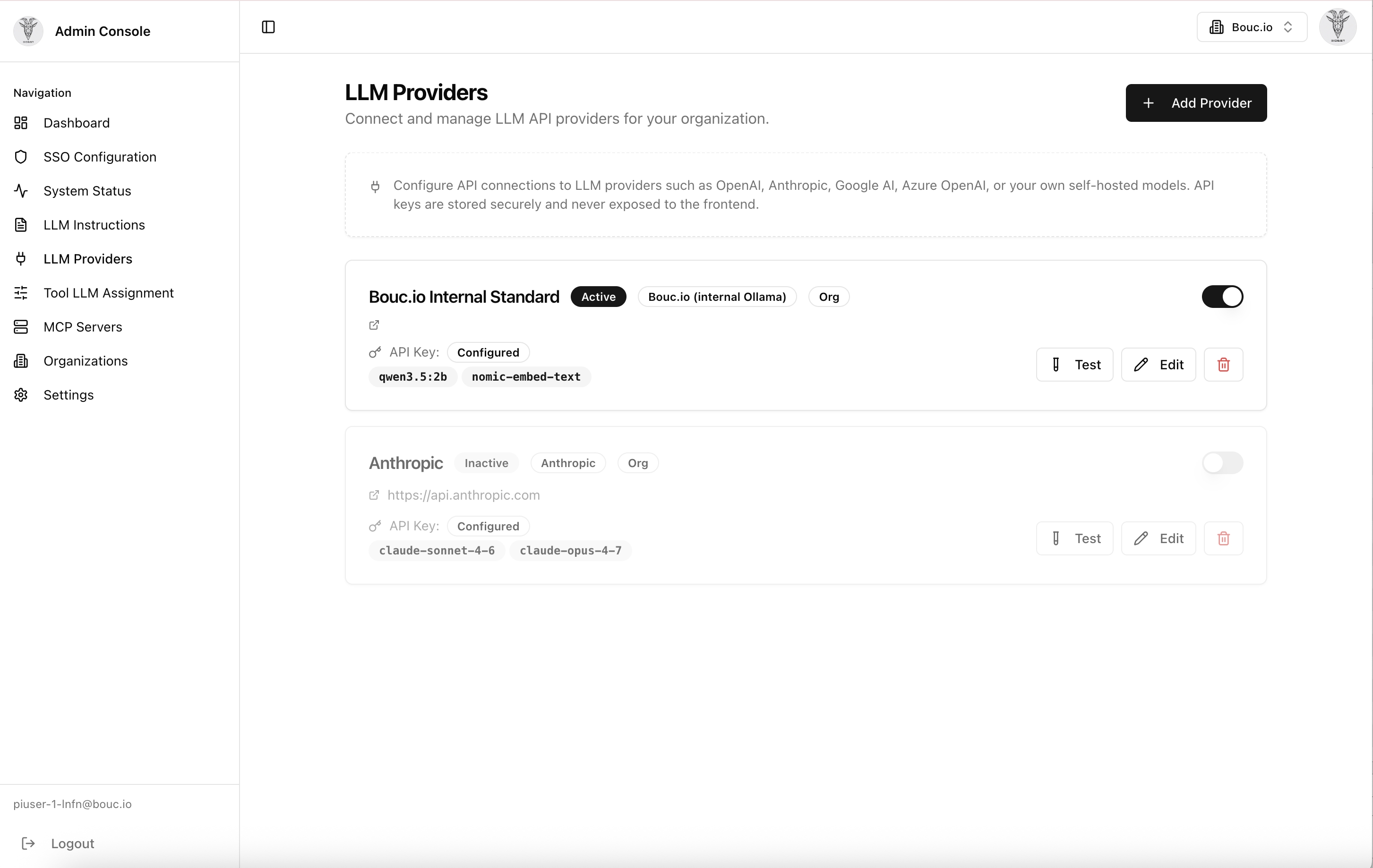 Admin Console — Configuration of the LLM providers