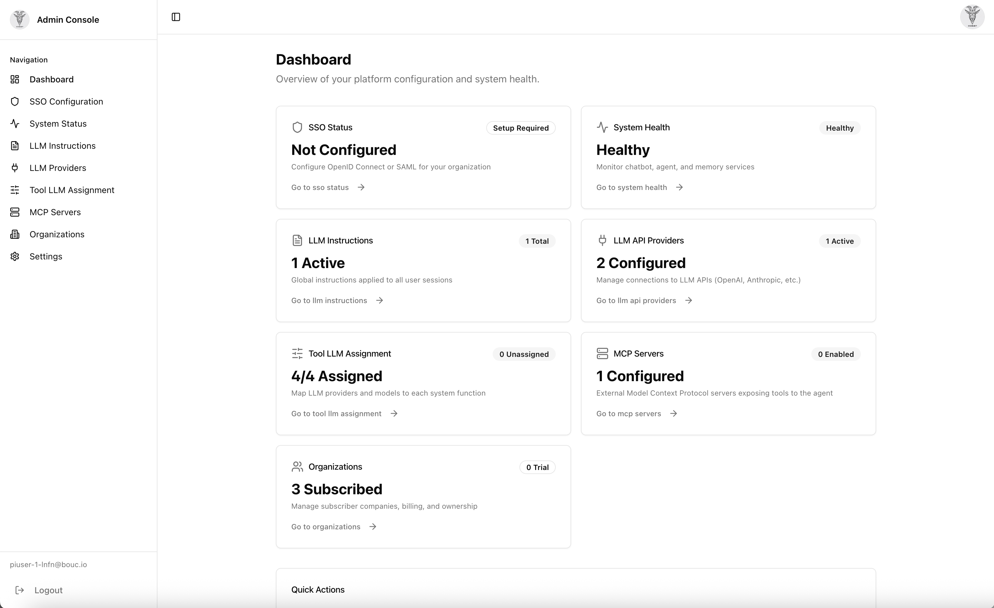 Admin Console — dashboard with LLM providers, tool assignments, system health, and organization management