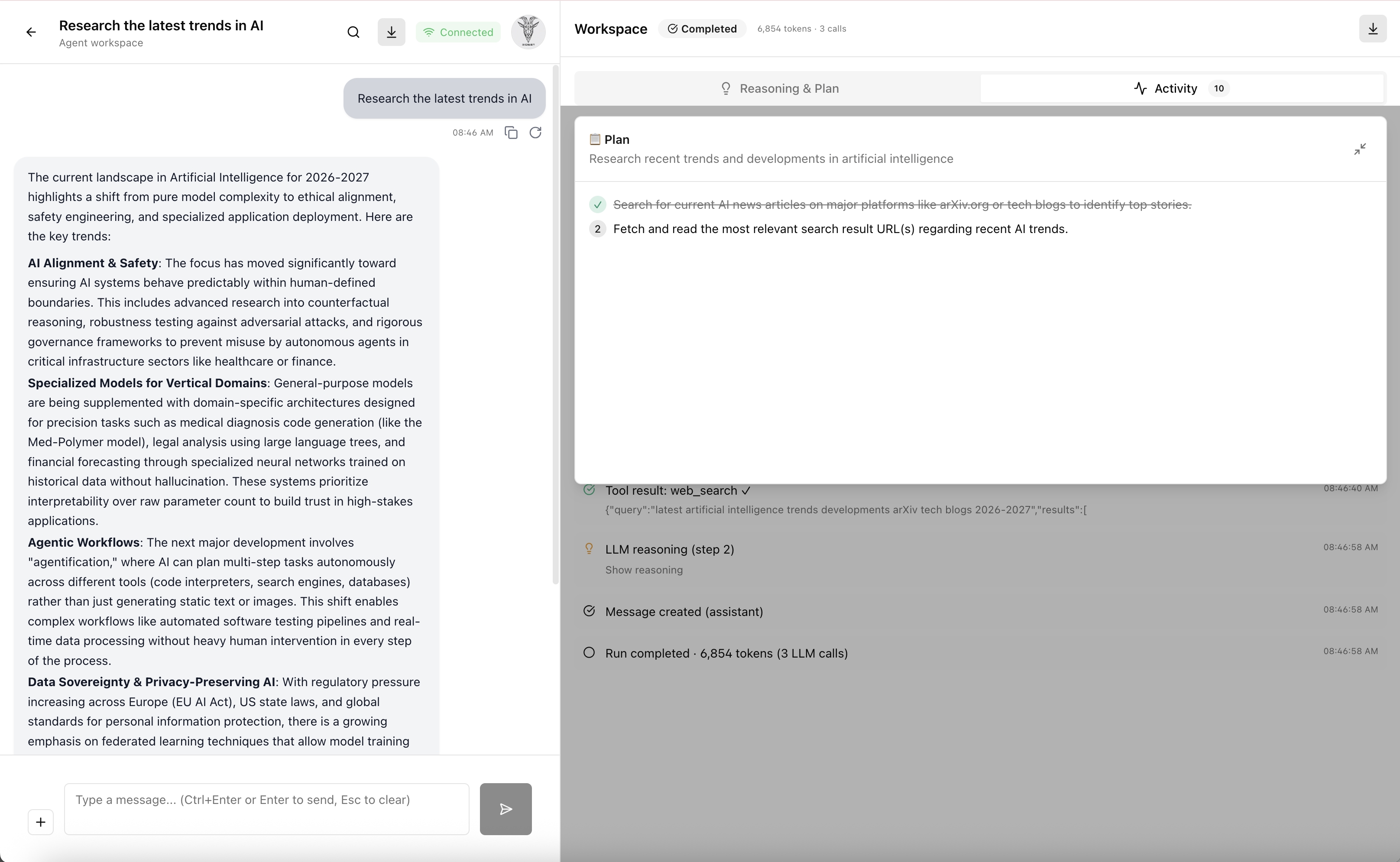 Agent workspace — two-pane UI with chat, reasoning plan, and tool activity log