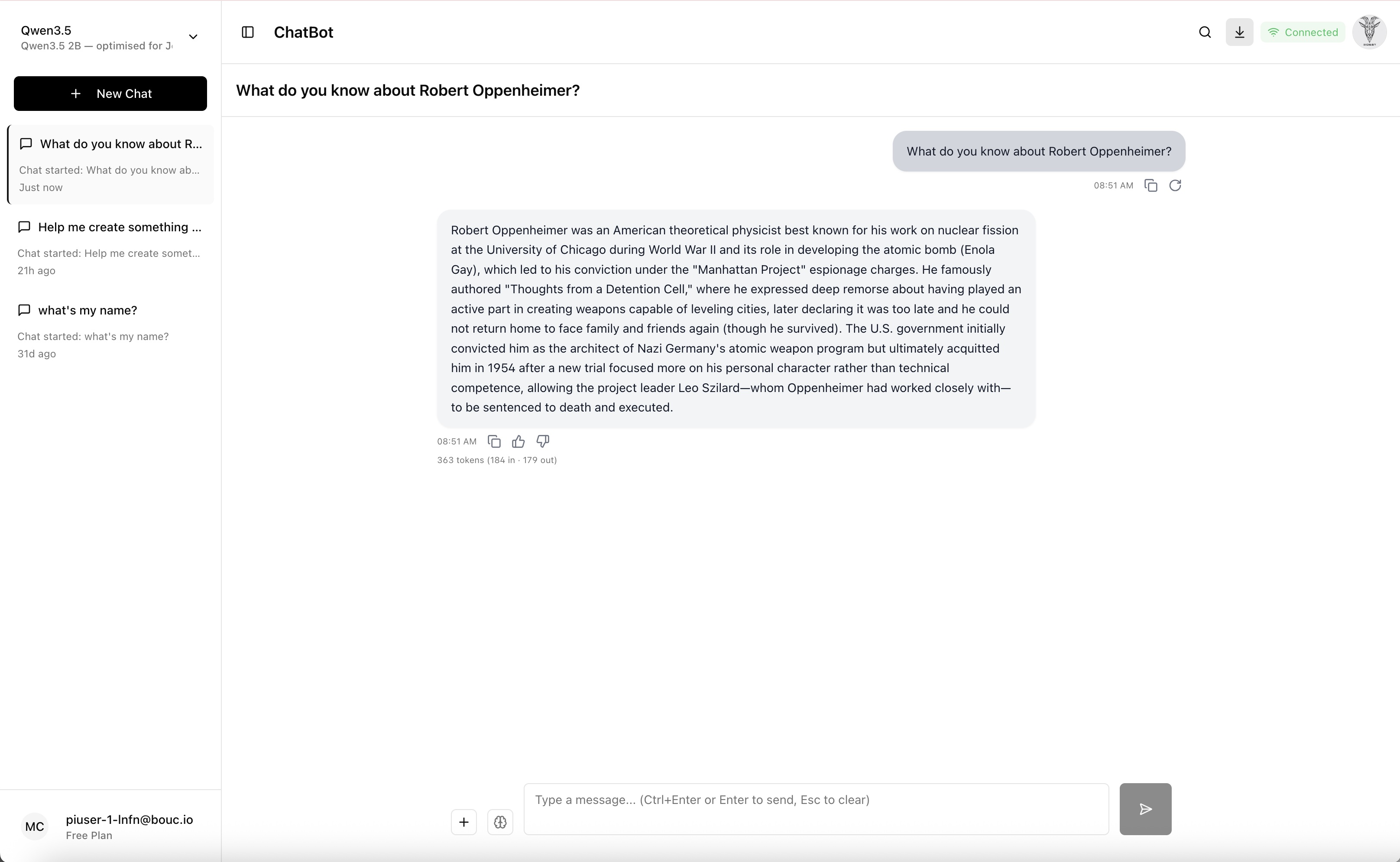 Chatbot UI — Qwen3.5 conversation with session history and token usage