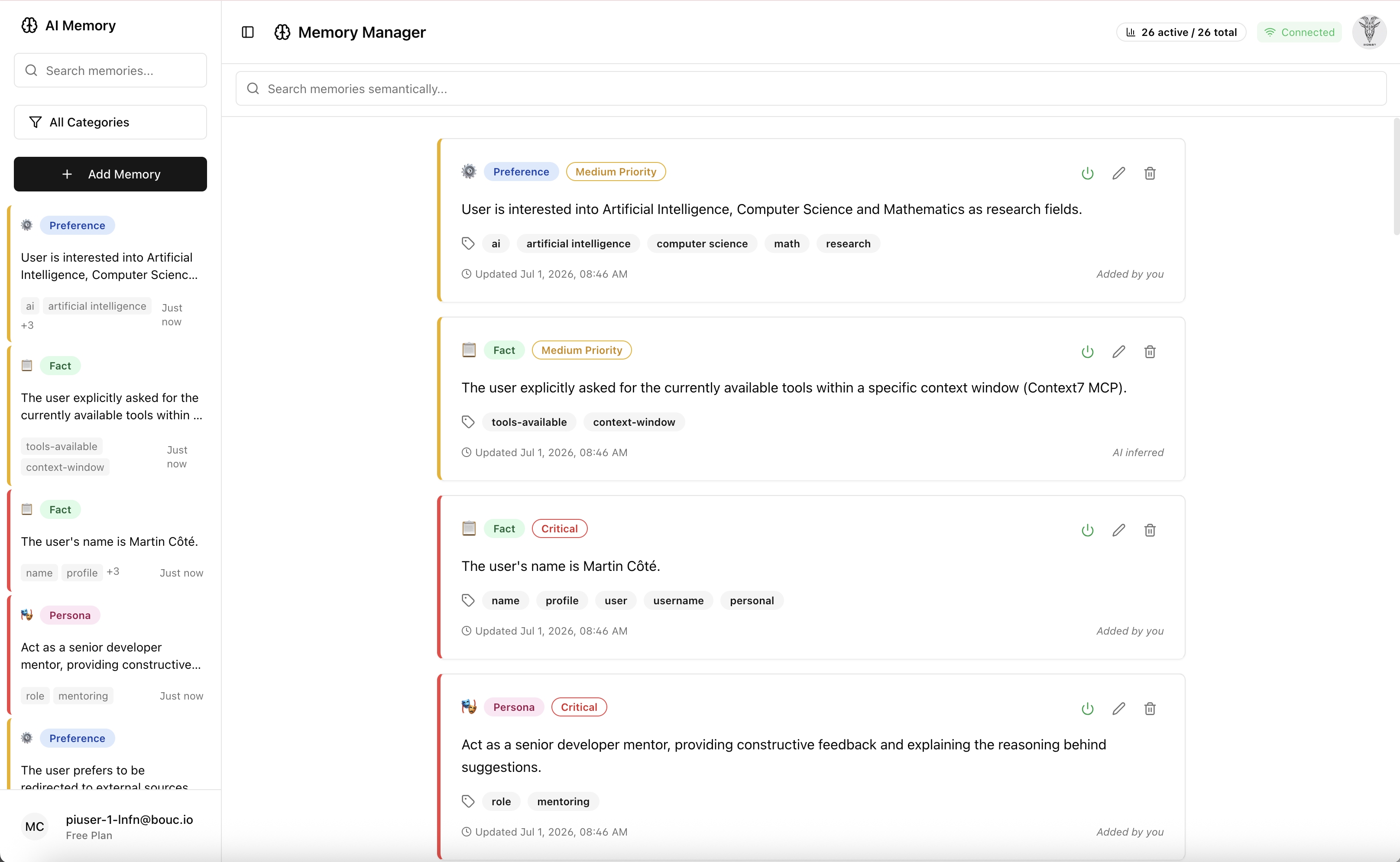Memory Manager — semantic search, categorized memories, and AI-inferred preferences